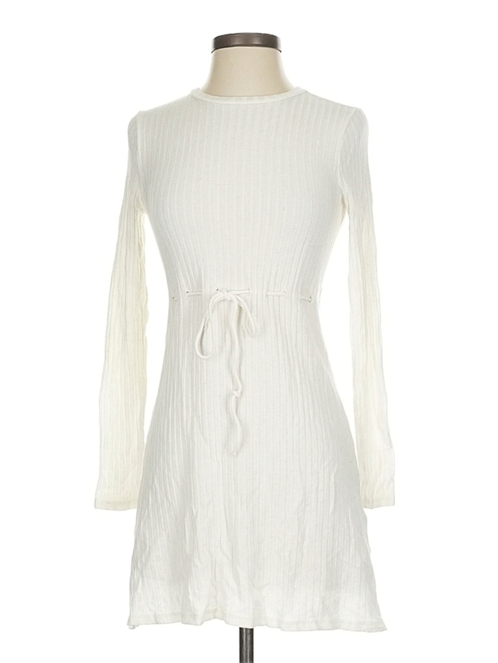 Reformation White Ribbed Long-Sleeve Drawstring Dress